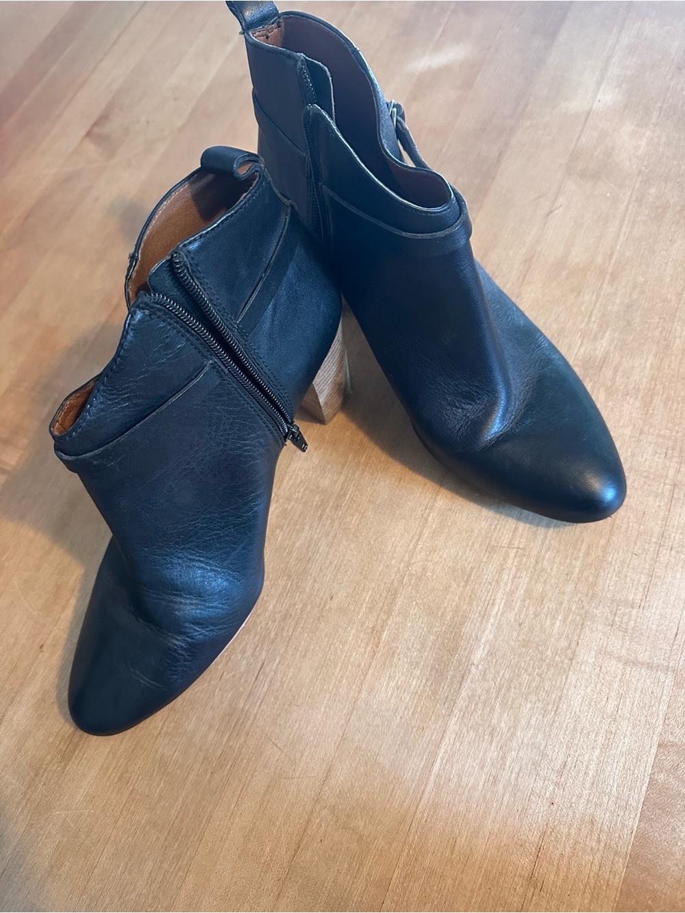 Lucky Brand Black Pointed Leather Ankle Booties with Wood Block Heel